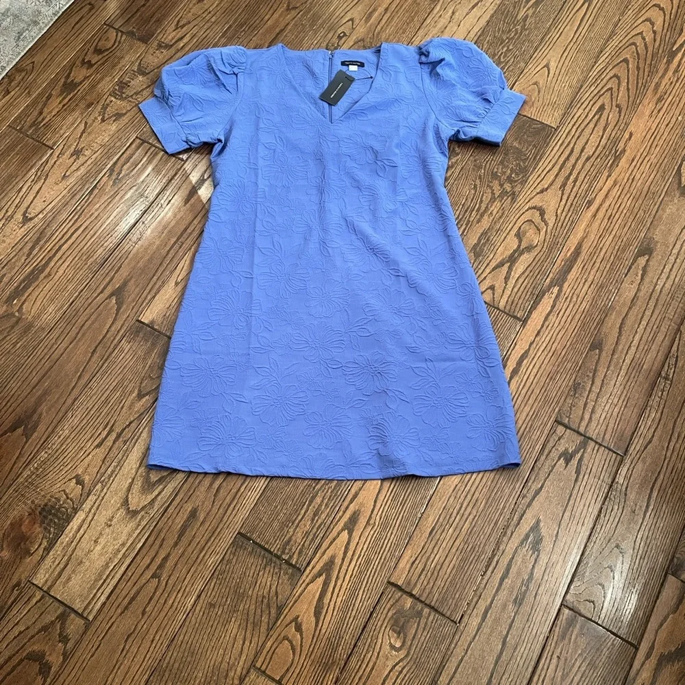 NWT Tommy Hilfiger Blue Dress with Floral jacquard embroidered puff sleeves - Picture 3 of 11